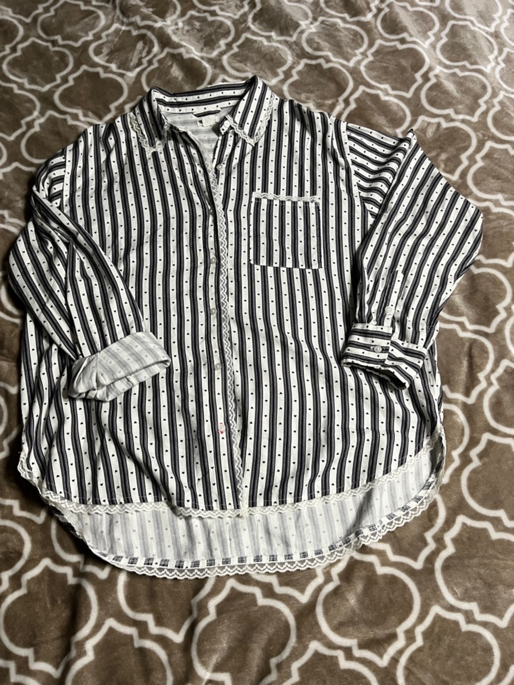 aerie Black & White Striped Button-Down night gown with Lace Trim